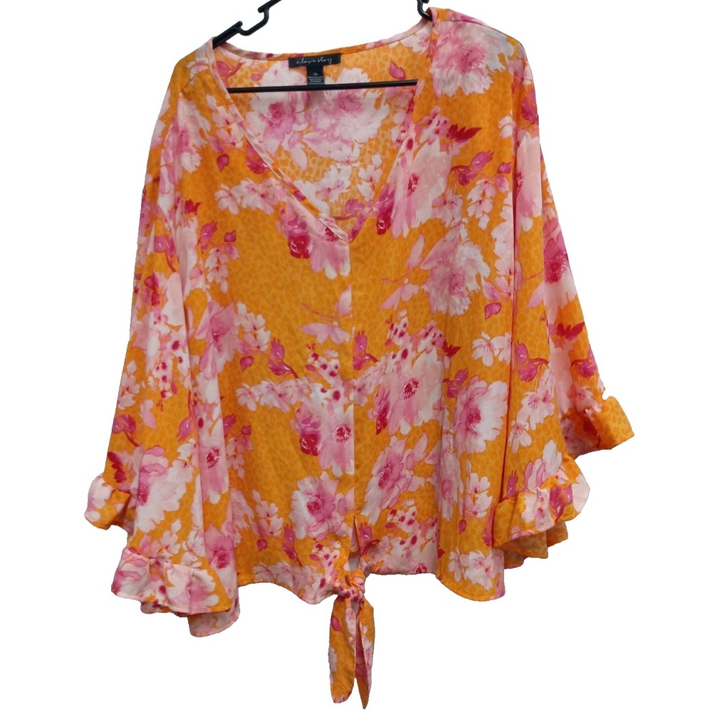 A Love Story‎ Womens BOHO Festival Blouse Top Size 3X Orange Floral Bell Sleeve